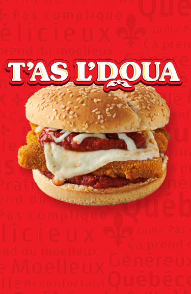 Burger with chicken cutlet and cheese on a red background with 'T'AS L'DOUA' text.