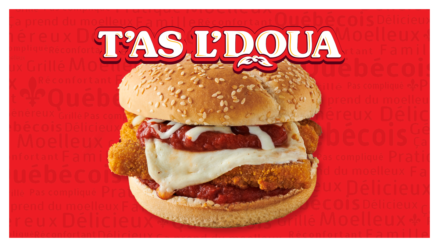 Burger with chicken cutlet and cheese on a red background with 'T'AS L'DOUA' text.
